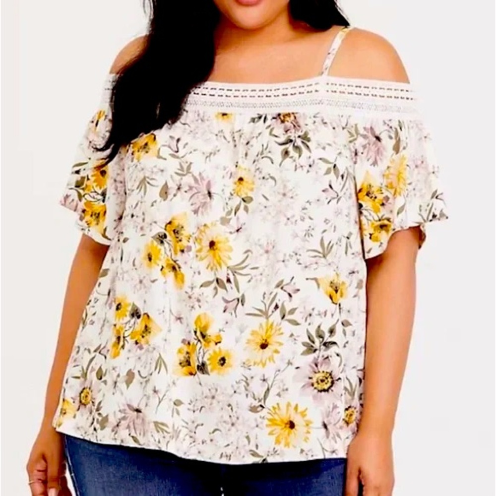 Torrid Stretch Challis Crochet Off the Shoulder Yellow Floral Shirt